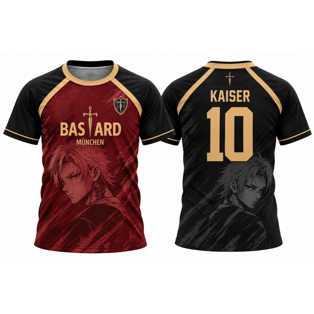Front and back views of a custom soccer jersey. The front is black with gold trim, a red graphic panel, and 'BASTARD MÜNCHEN' with a sword logo. Varldens Blue Lock Michael Kaiser Bastard Munchen Heritage Jersey featuring anime number 10 and gold sword emblem.