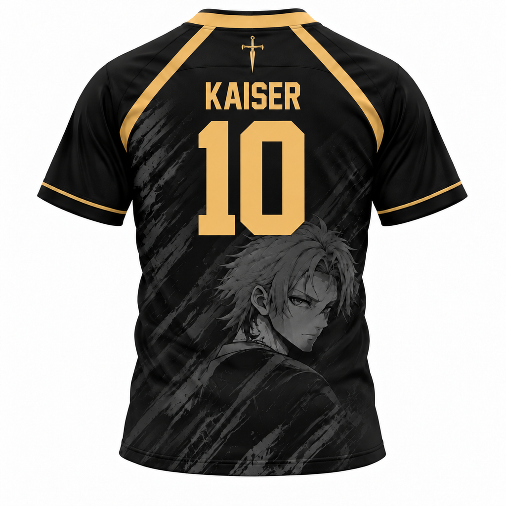 Black short-sleeve soccer jersey shown from the back with gold trim, the name KAISER and number 10 in gold, and a grayscale anime-style character graphic near the lower back. Varldens Blue Lock Michael Kaiser Bastard Munchen Heritage Jersey featuring anime number 10 and gold sword emblem.