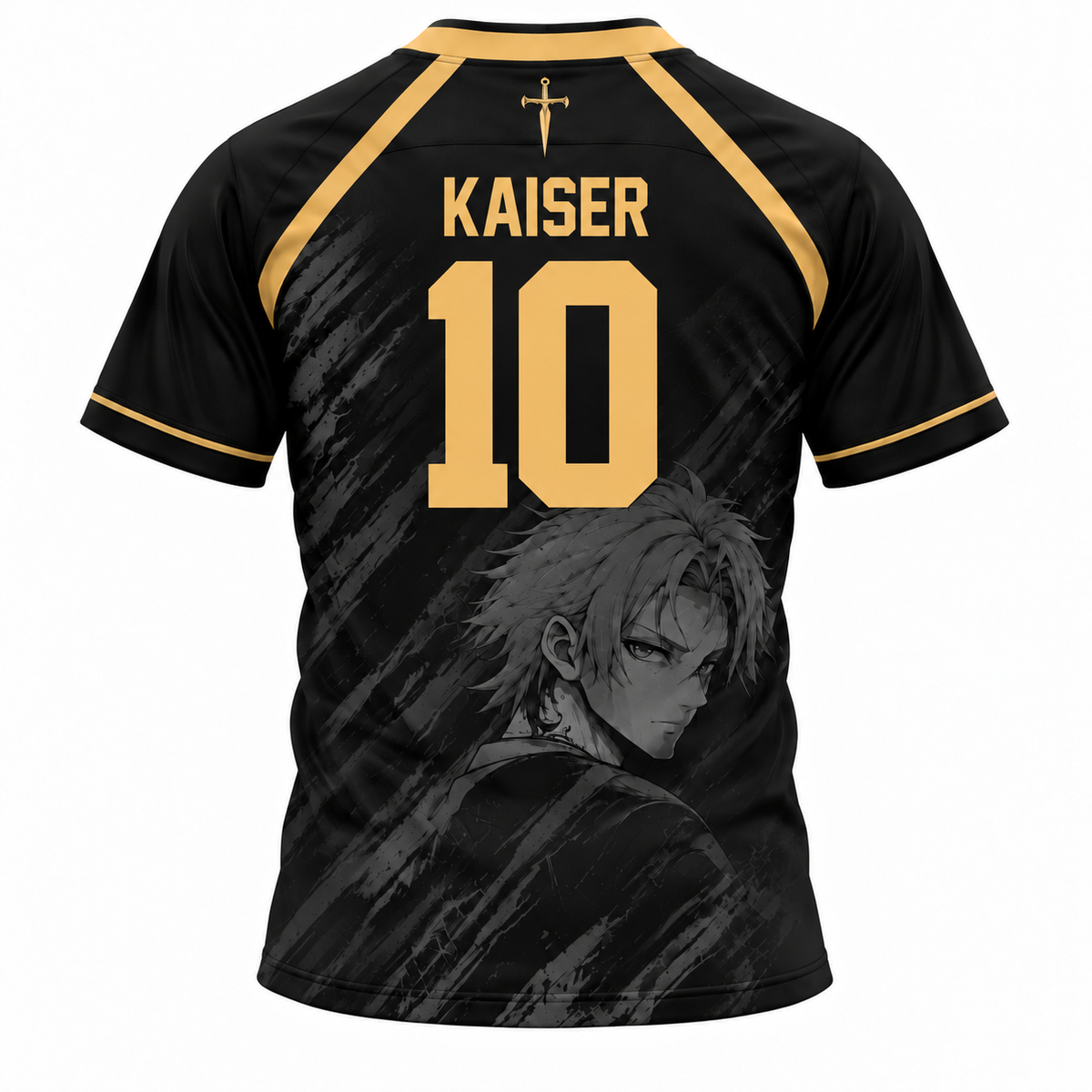 Black short-sleeve soccer jersey shown from the back with gold trim, the name KAISER and number 10 in gold, and a grayscale anime-style character graphic near the lower back. Varldens Blue Lock Michael Kaiser Bastard Munchen Heritage Jersey featuring anime number 10 and gold sword emblem.
