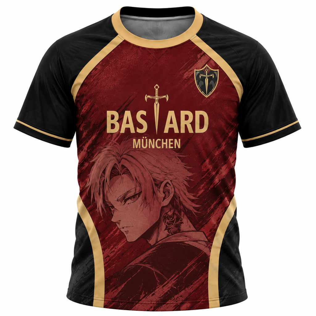 A short-sleeve athletic-style T-shirt with a black base, gold trim, and a large red graphic print featuring an anime character portrait and the text 'BASARD MÜNCHEN' on the front. Varldens Blue Lock Michael Kaiser Bastard Munchen Heritage Jersey featuring anime number 10 and gold sword emblem.