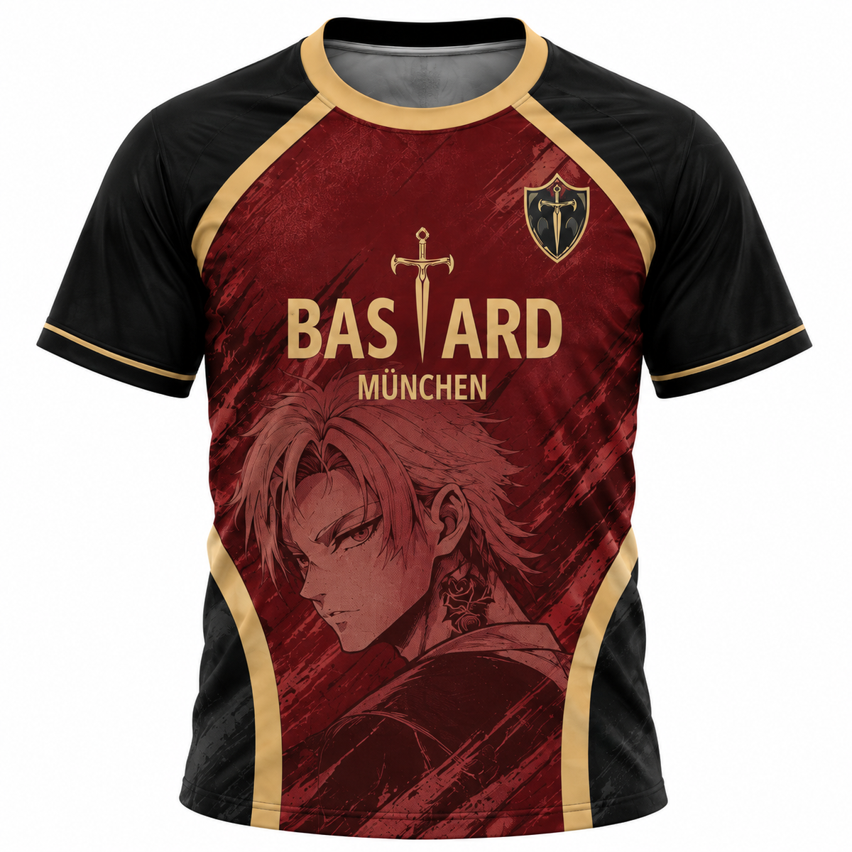 A short-sleeve athletic-style T-shirt with a black base, gold trim, and a large red graphic print featuring an anime character portrait and the text 'BASARD MÜNCHEN' on the front. Varldens Blue Lock Michael Kaiser Bastard Munchen Heritage Jersey featuring anime number 10 and gold sword emblem.