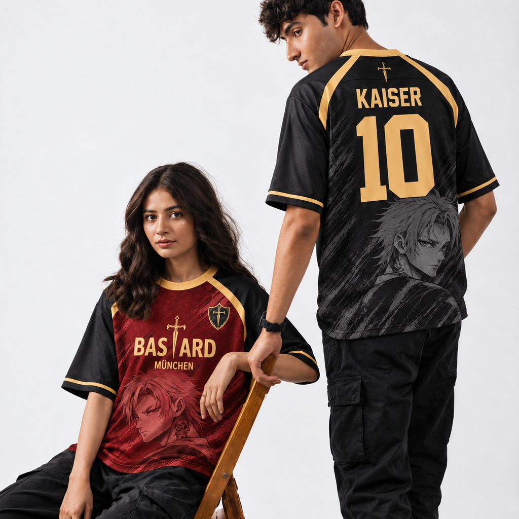 Two models wearing black and gold soccer jerseys with anime graphics. The seated model wears a red and black jersey with 'BASTARD MENCHEN' and a cross logo, while the standing model wears a black and gold jersey with 'KAISER 10' and a wolf graphic. Varldens Blue Lock Michael Kaiser Bastard Munchen Heritage Jersey featuring anime number 10 and gold sword emblem.