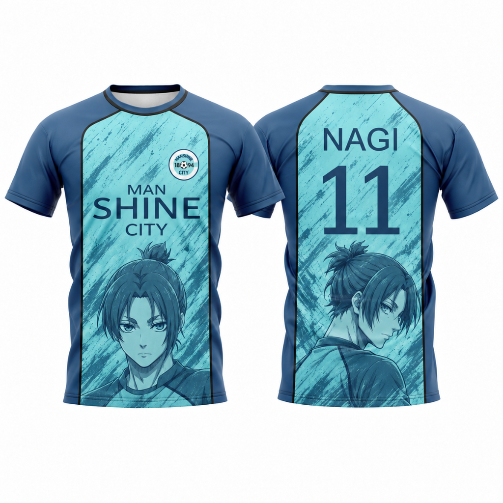 Front and back views of a custom short-sleeve athletic jersey. The jersey features a dark blue collar and sleeves, with a light blue and teal diagonal-striped graphic panel on the front displaying 'MAN SHINE CITY' and an anime character illustration. Varldens Blue Lock Reo Mikage Manshine City Heritage Jersey featuring anime artwork and Manshine City crest.