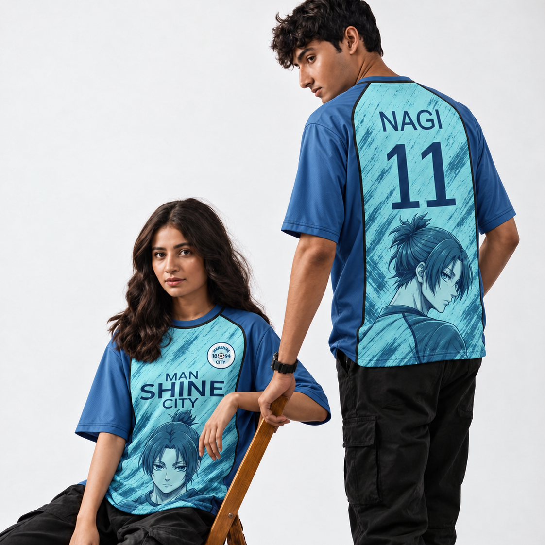 Two models wearing matching blue and teal graphic t-shirts with anime-style prints and text, posed against a light gray studio background. Varldens Blue Lock Reo Mikage Manshine City Heritage Jersey featuring anime artwork and Manshine City crest.