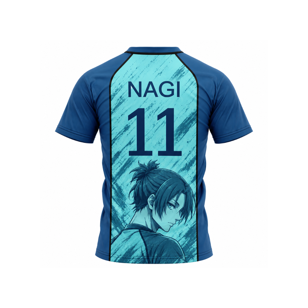 Custom soccer jersey back view featuring the name 'NAGI' and number '11' in dark blue, with a blue and teal diagonal brushstroke pattern and an anime character illustration on a white background. Varldens Blue Lock Reo Mikage Manshine City Heritage Jersey featuring anime artwork and Manshine City crest.