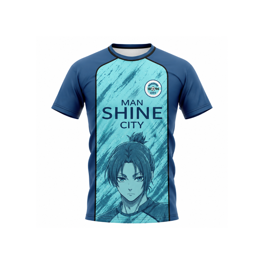 A short-sleeve athletic t-shirt in blue and teal, featuring a vertical graphic panel with the text 'MAN SHINE CITY' and an anime character illustration. A circular 'MAN SHINE CITY' logo is visible on the upper right chest. Varldens Blue Lock Reo Mikage Manshine City Heritage Jersey featuring anime artwork and Manshine City crest.