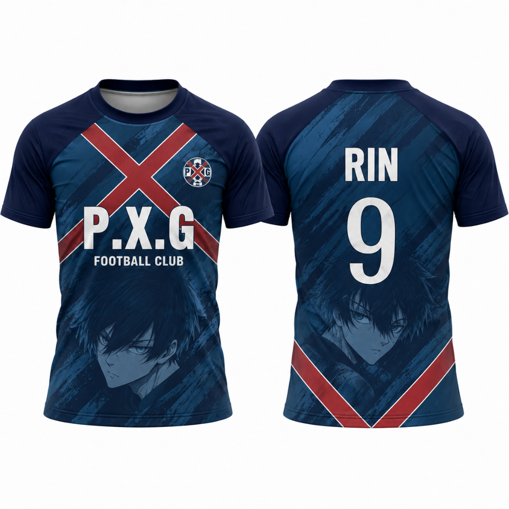 Front and back views of a navy blue short-sleeve soccer jersey with red and white graphic details, featuring the text 'P.X. Varldens Blue Lock Rin Itoshi PXG Heritage Jersey featuring anime number 9 and PXG football club crest.