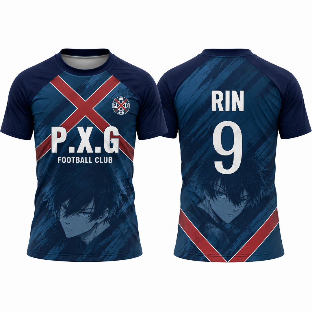 Front and back views of a navy blue short-sleeve soccer jersey with red and white graphic details, featuring the text 'P.X. Varldens Blue Lock Rin Itoshi PXG Heritage Jersey featuring anime number 9 and PXG football club crest.