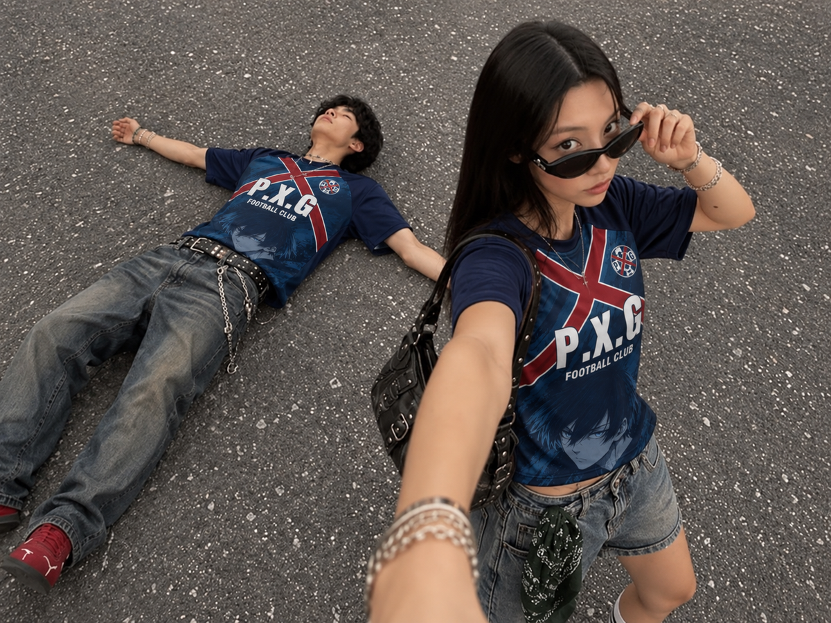 Two models wearing matching navy blue P.X. Varldens Blue Lock Rin Itoshi PXG Heritage Jersey featuring anime number 9 and PXG football club crest.