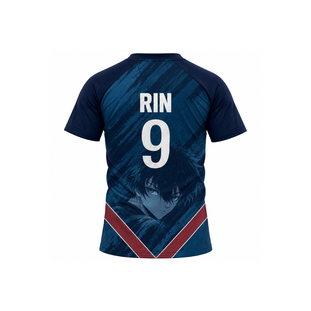 Back view of a navy blue short-sleeve athletic jersey with 'RIN 9' printed in white on the upper back, featuring a dark anime-style character graphic and red diagonal stripes near the lower hem, shown on a plain white background. Varldens Blue Lock Rin Itoshi PXG Heritage Jersey featuring anime number 9 and PXG football club crest.