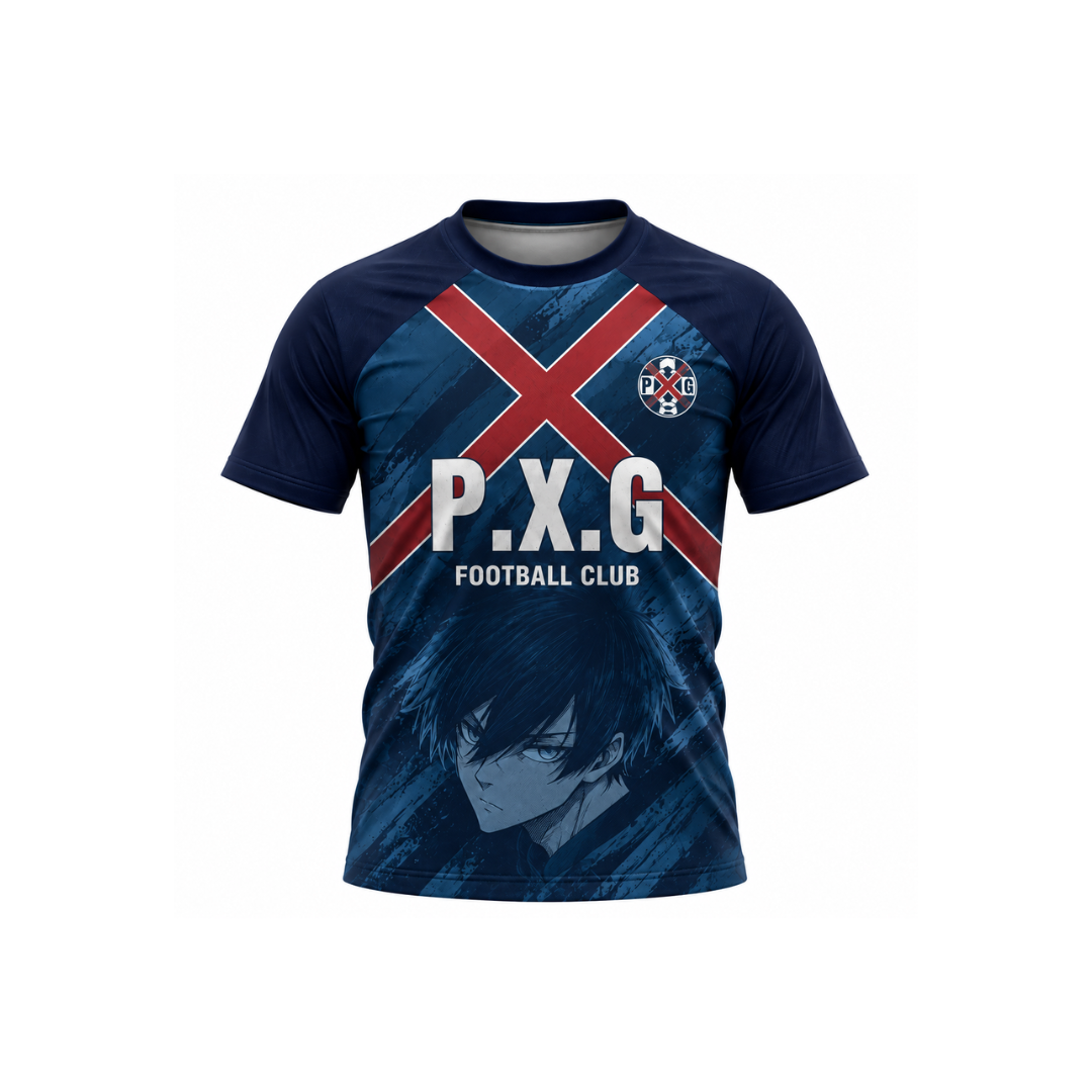 A navy blue short-sleeve t-shirt with a red and white graphic design featuring the text 'P.X. Varldens Blue Lock Rin Itoshi PXG Heritage Jersey featuring anime number 9 and PXG football club crest.