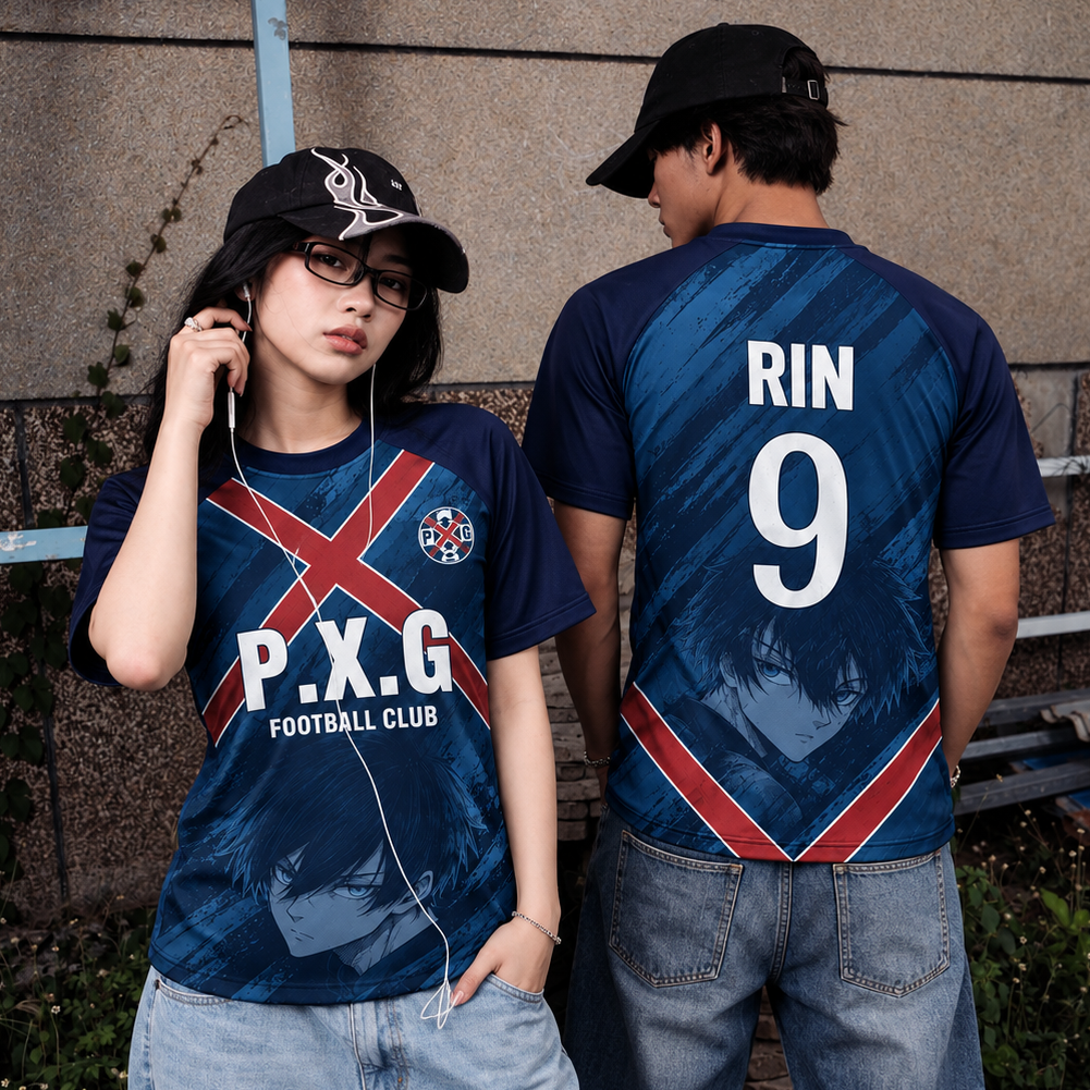 Two models wearing matching navy blue P.X. Varldens Blue Lock Rin Itoshi PXG Heritage Jersey featuring anime number 9 and PXG football club crest.
