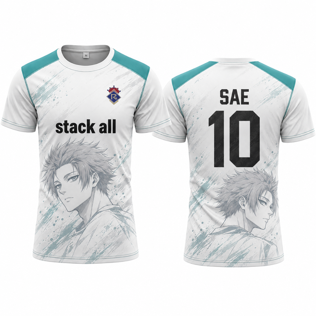 Front and back views of a white short-sleeve athletic jersey with teal shoulder panels, a small crest logo on the chest, the text 'stack all' on the front, and 'SAE 10' with an anime character graphic on the back. Varldens Blue Lock Sae Itoshi Royale Heritage Jersey featuring anime number 10 and crown crest.