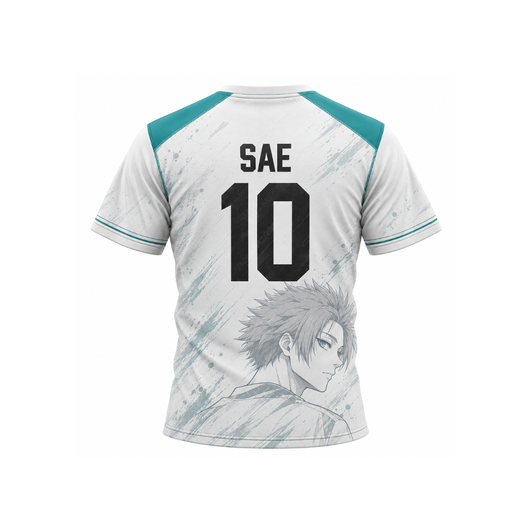 White short-sleeve sports jersey shown from the back with teal shoulder panels, black 'SAE 10' lettering, and a gray anime-style character graphic near the lower back. Varldens Blue Lock Sae Itoshi Royale Heritage Jersey featuring anime number 10 and crown crest.