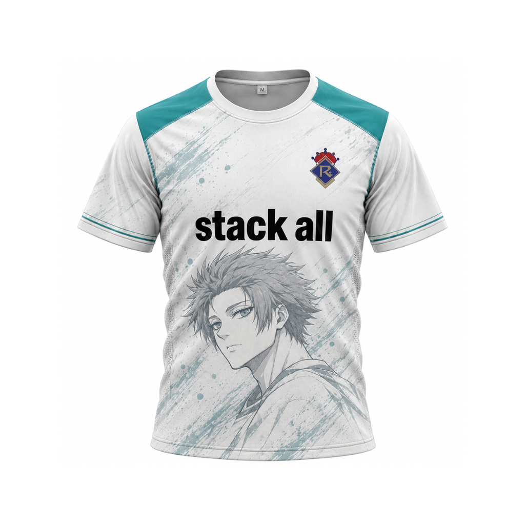 A white short-sleeve athletic-style jersey with teal shoulder panels and sleeve trim, featuring a large anime character print on the front, the text 'stack all' across the chest, and a small crest logo near the upper right chest. The shirt is shown on a plain white background. Varldens Blue Lock Sae Itoshi Royale Heritage Jersey featuring anime number 10 and crown crest.