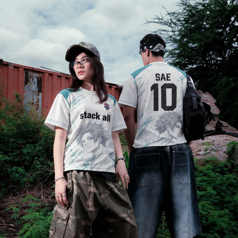 Two models wearing matching graphic t-shirts in an outdoor setting. The woman is shown from the front wearing a white t-shirt with a black graphic print and the text 'stack all', paired with olive cargo shorts and blue flip-flops. Varldens Blue Lock Sae Itoshi Royale Heritage Jersey featuring anime number 10 and crown crest.