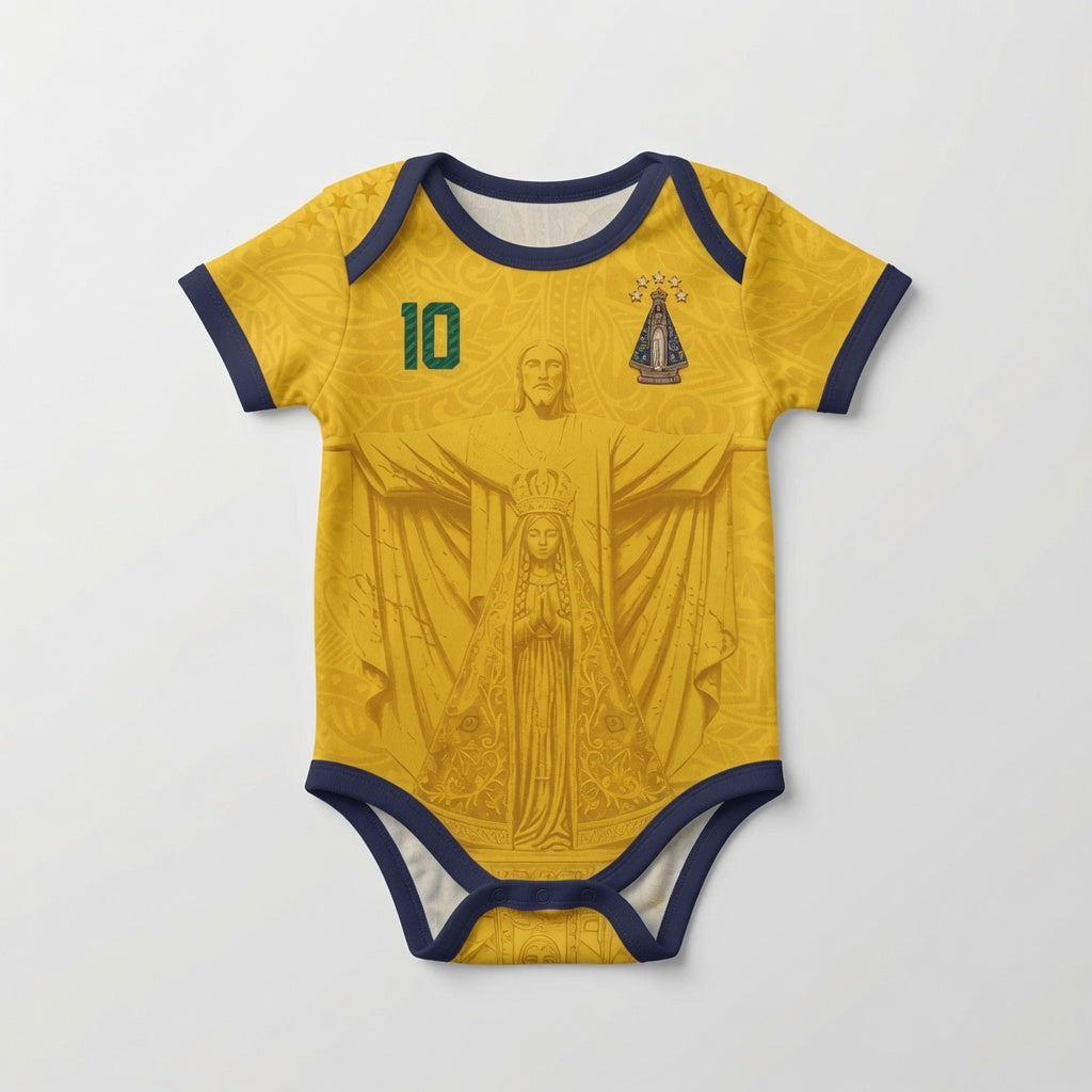 Varldens Brazil 2026 Home Jersey Youth Kid Baby - Christ the Redeemer Gold Soccer Shirt