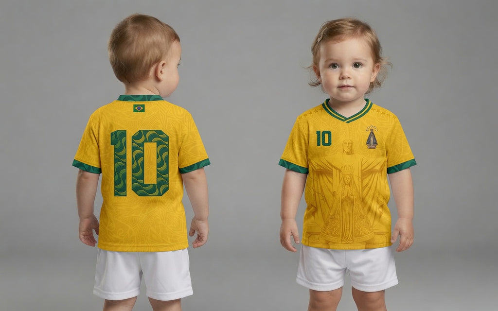 Varldens Brazil 2026 Home Jersey Youth Kid Baby - Christ the Redeemer Gold Soccer Shirt