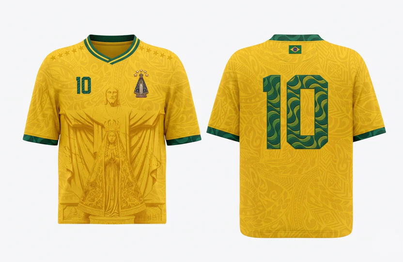 Varldens Brazil 2026 Home Jersey Youth Kid Baby - Christ the Redeemer Gold Soccer Shirt