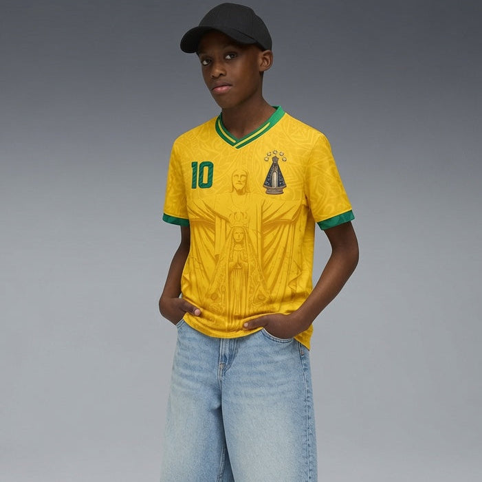 Varldens Brazil 2026 Home Jersey Youth Kid Baby - Christ the Redeemer Gold Soccer Shirt #10