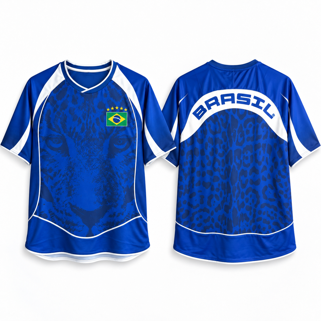 Front and back views of a blue short-sleeve soccer jersey with white trim, featuring a large blue leopard print on the back, a stylized face graphic on the front, a Brazil flag crest on the chest, and 'BRASIL' across the upper back. Varldens