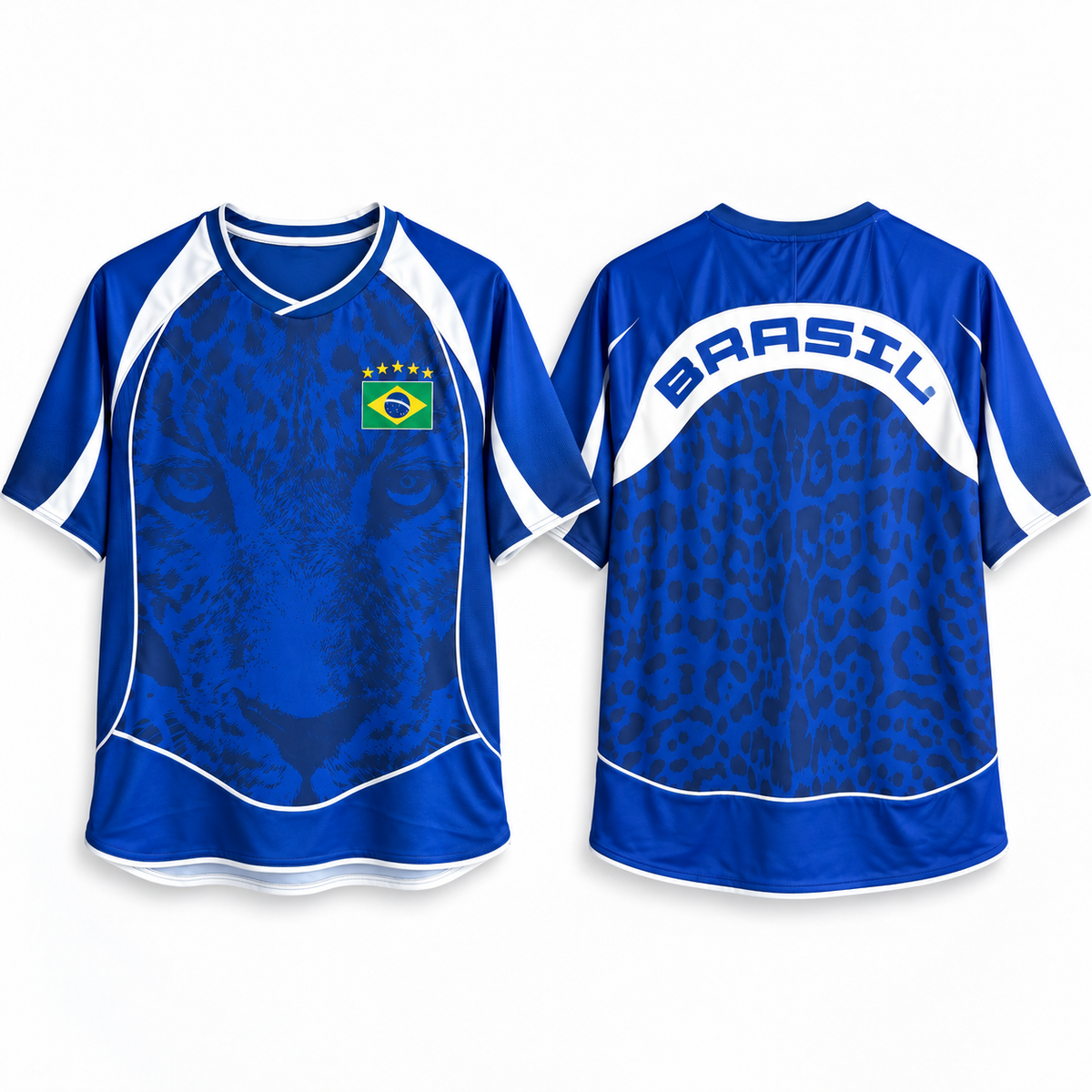 Front and back views of a blue short-sleeve soccer jersey with white trim, featuring a large blue leopard print on the back, a stylized face graphic on the front, a Brazil flag crest on the chest, and 'BRASIL' across the upper back. Varldens