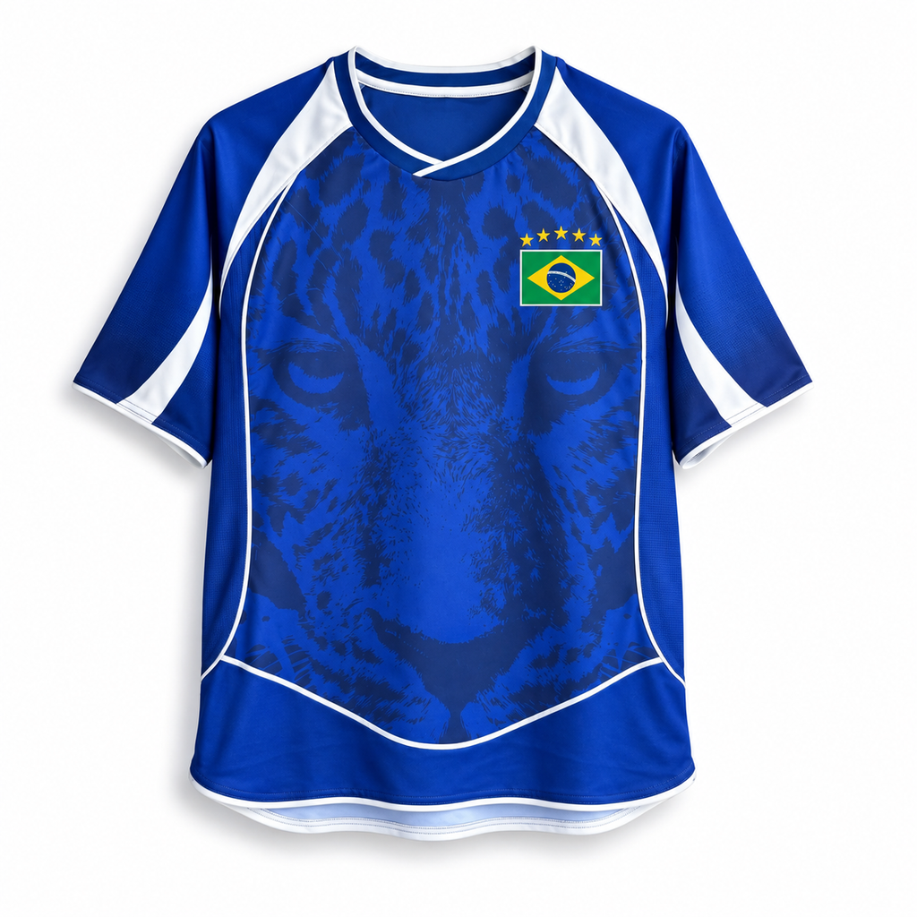 A Varldens royal blue short-sleeve athletic jersey with white shoulder and hem accents, featuring a large dark blue leopard face graphic on the front and a small Brazilian flag crest with four stars on the left chest, shown on a plain white background.