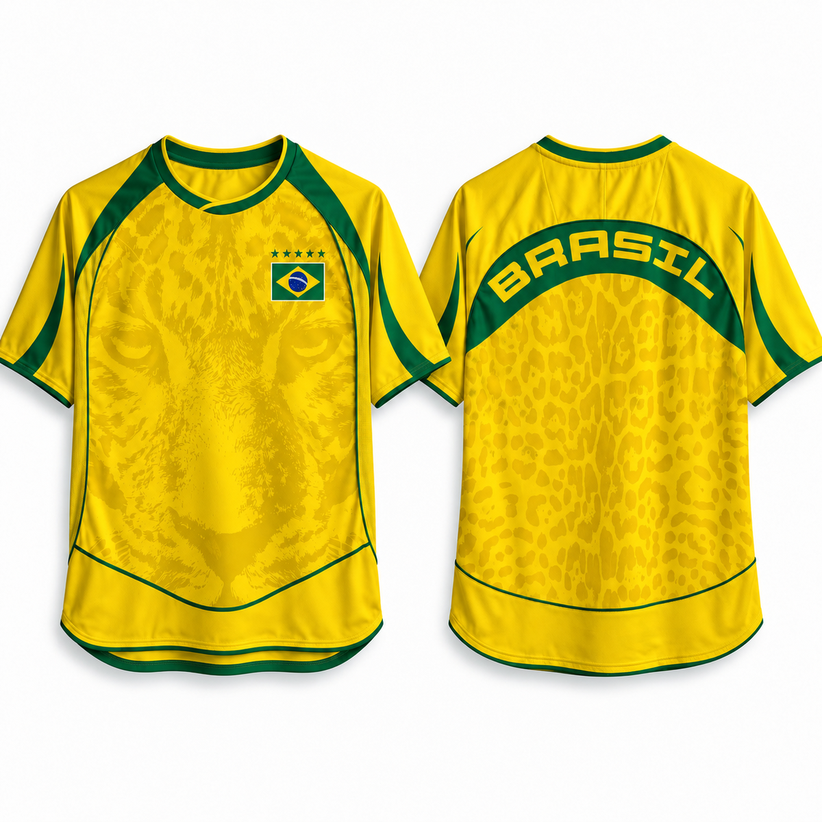 Front and back views of a Varldens yellow Brazil soccer jersey with green trim, a subtle animal print pattern, 'BRASIL' on the back, and a small Brazil flag patch on the front chest.