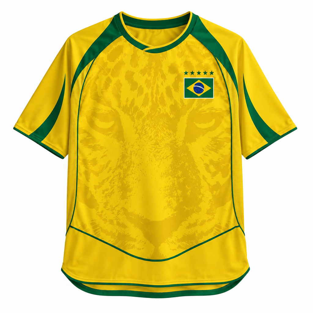 A Varldens yellow short-sleeve soccer jersey with green trim, featuring a subtle tiger face pattern on the front, a Brazilian flag crest with five stars on the chest, and green shoulder panels.