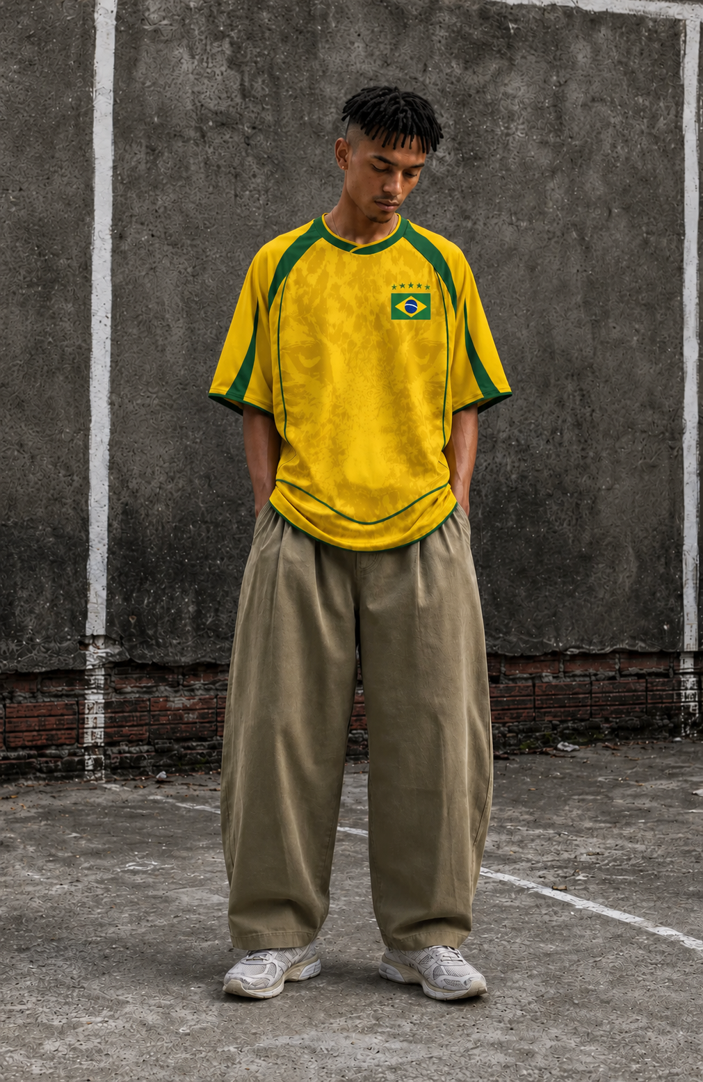 A man wearing a varldens yellow and green Brazil soccer jersey, loose beige pants, and white sneakers, standing against a concrete wall.