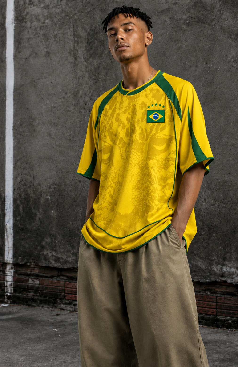 A man wearing a Varldens yellow and green Brazil soccer jersey with a subtle leopard pattern, paired with loose khaki pants, standing against a textured gray concrete wall.