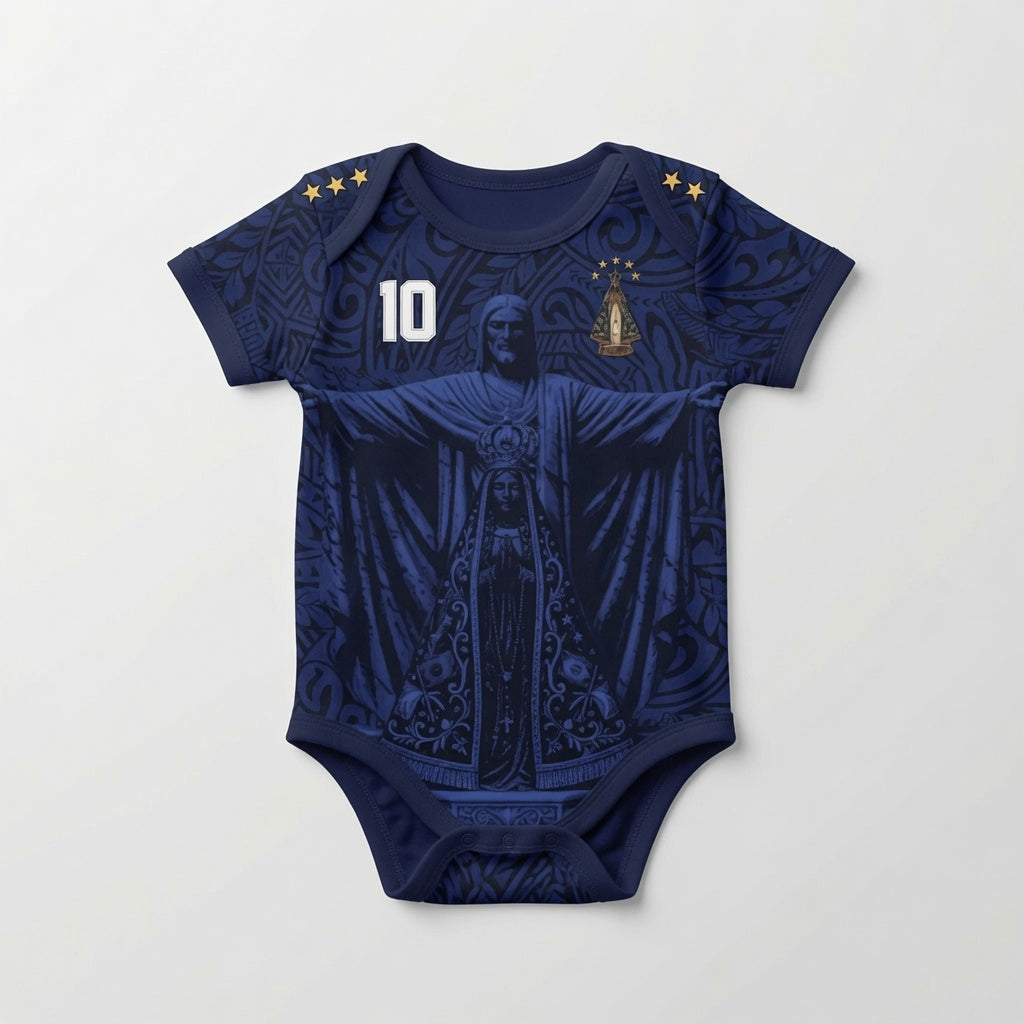 Special edition Varldens Brazil soccer jersey featuring embossed Christ the Redeemer and Our Lady of Aparecida, white number 10, and gold stars in babyonesie.