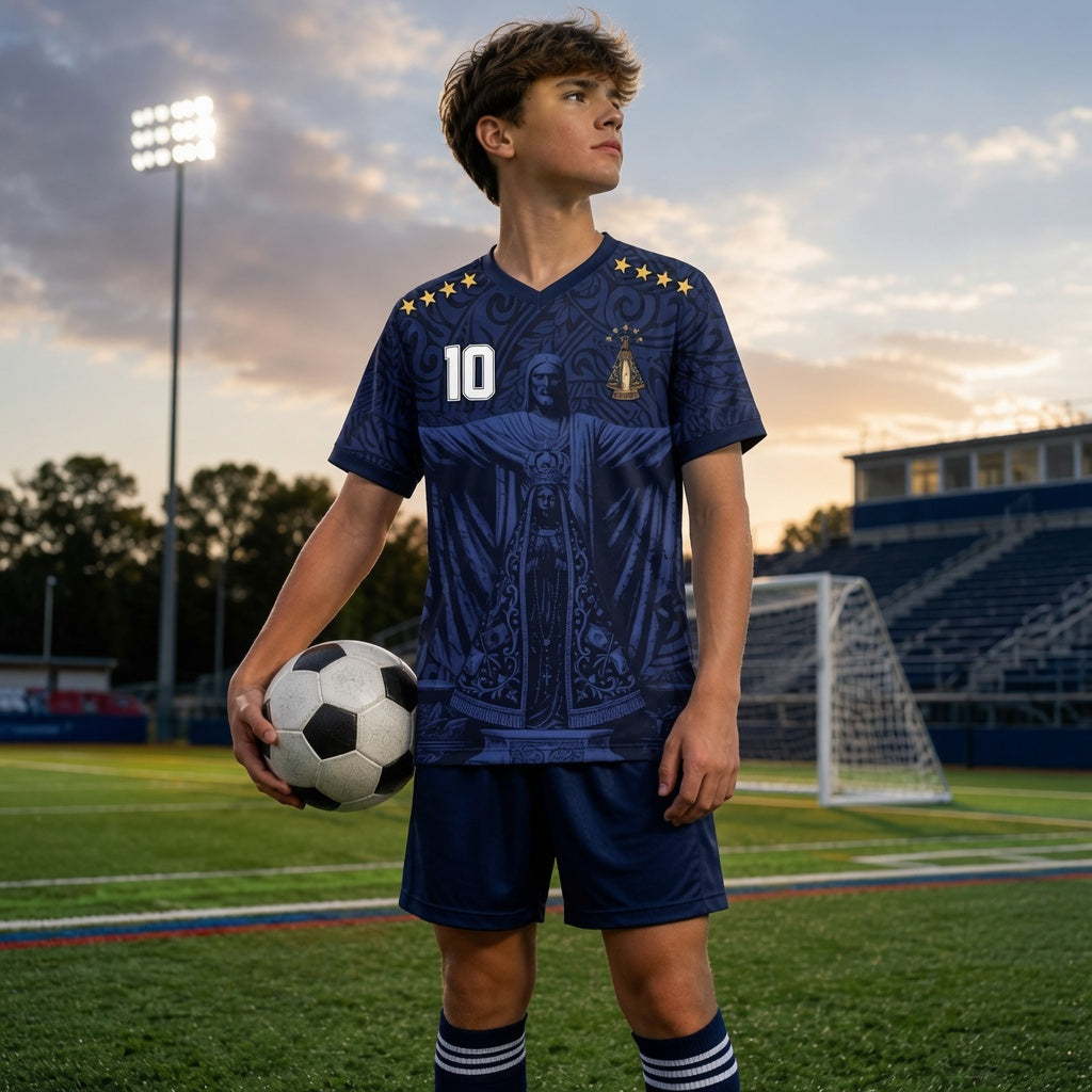 Special edition Varldens Brazil soccer jersey featuring embossed Christ the Redeemer and Our Lady of Aparecida, white number 10, and gold stars, worn by a youth player holding a ball on a stadium field at sunset