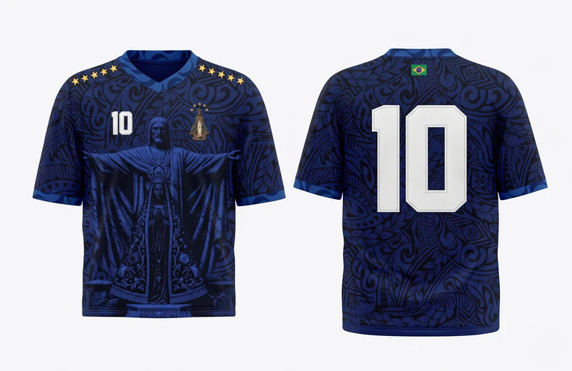 Special edition Varldens Brazil soccer jersey featuring embossed Christ the Redeemer and Our Lady of Aparecida, white number 10, and gold stars.