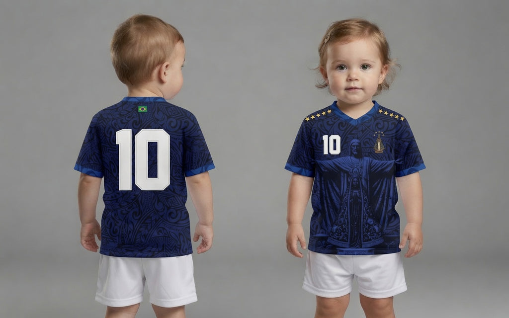 Special edition Varldens Brazil soccer jersey featuring embossed Christ the Redeemer and Our Lady of Aparecida, white number 10, and gold stars for kid.