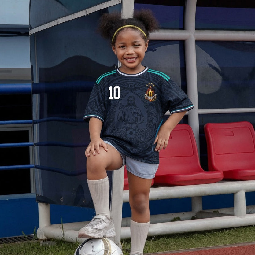 Front and back view of Germany 2026 away jersey in midnight navy with Jesus Christ graphics and teal striped trims by Varldens