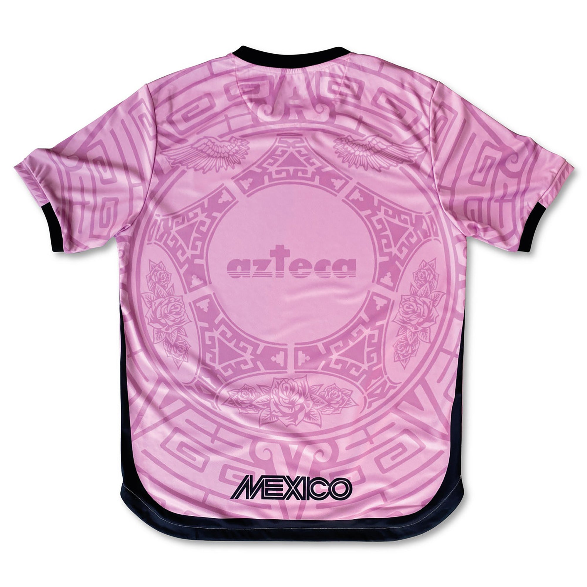 Man styling Varldens pink Mexico football shirt with Our Lady of Guadalupe art and azteca back print for a Blokecore streetwear look