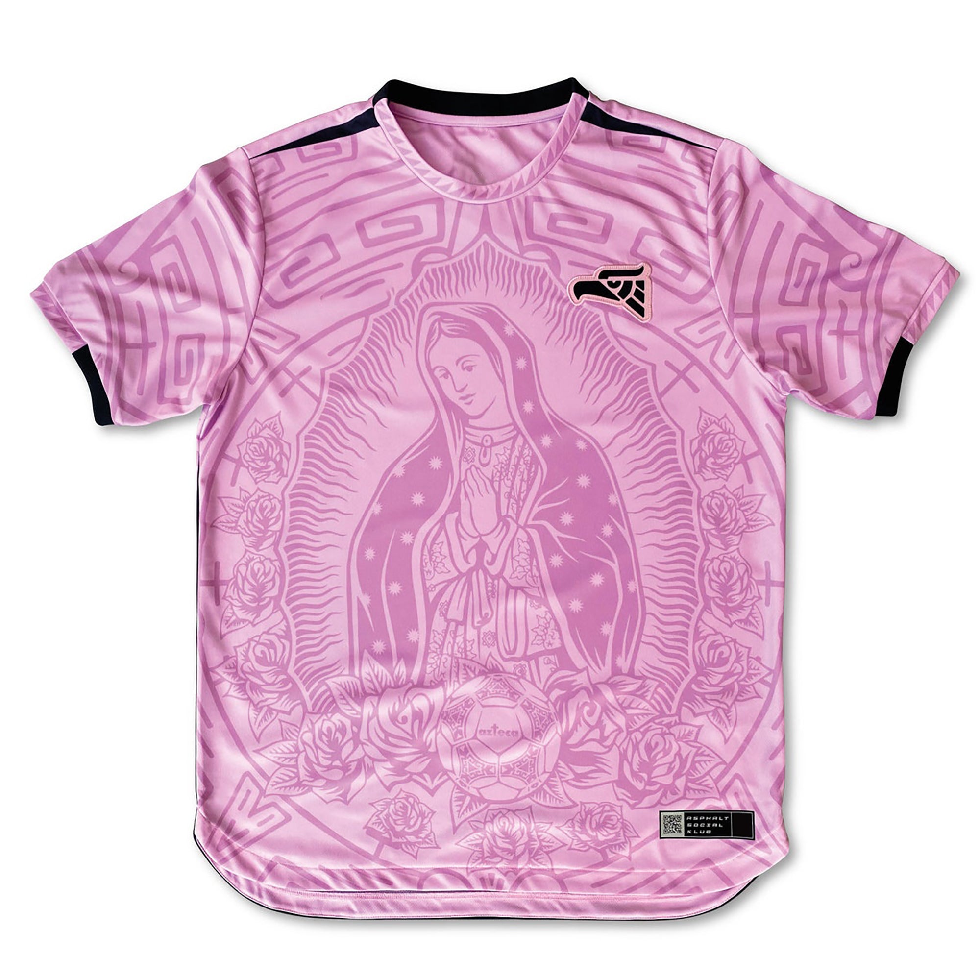 Man styling Varldens pink Mexico football shirt with Our Lady of Guadalupe art and azteca back print for a Blokecore streetwear look
