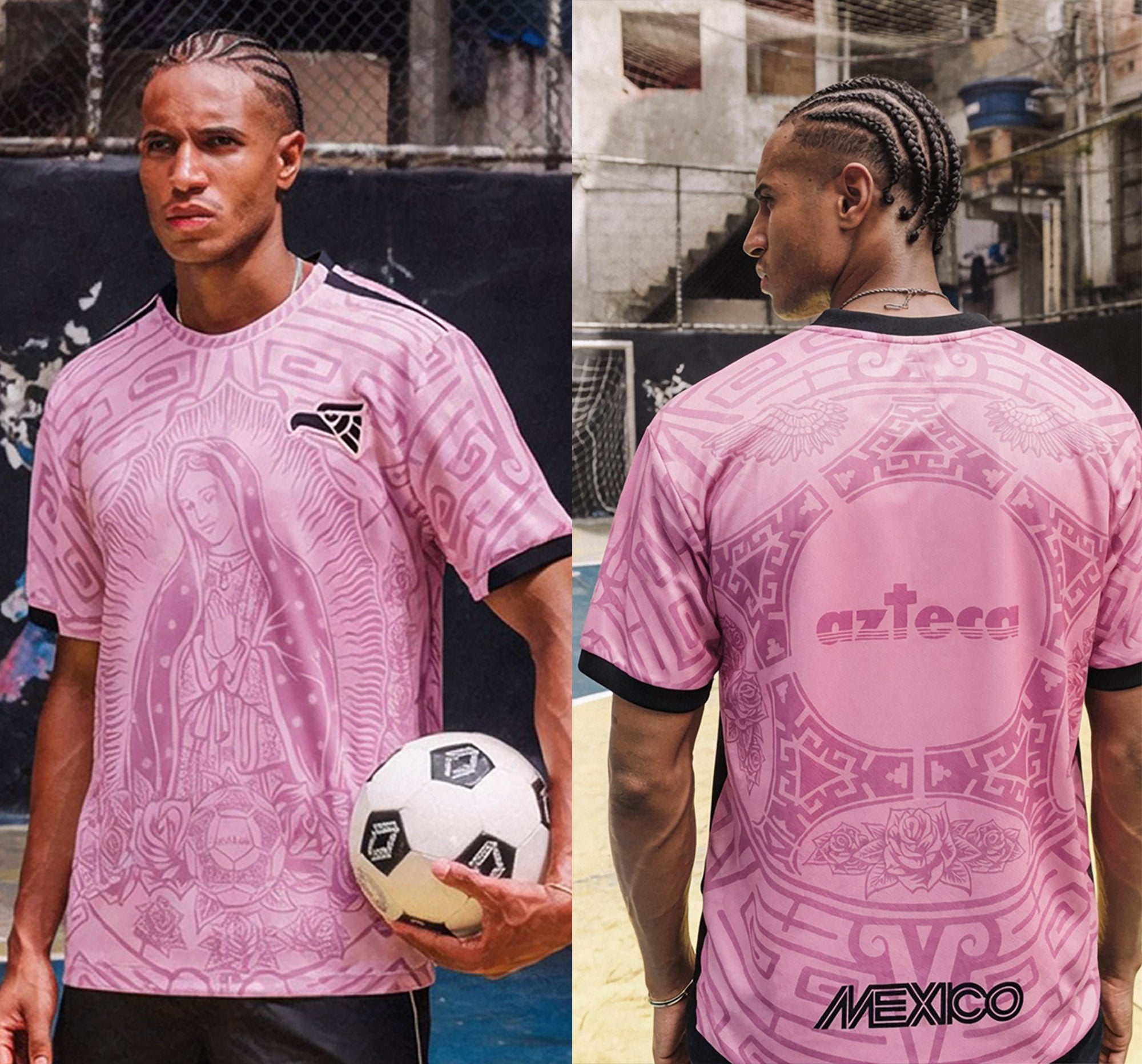 Man styling Varldens pink Mexico football shirt with Our Lady of Guadalupe art and azteca back print for a Blokecore streetwear look
