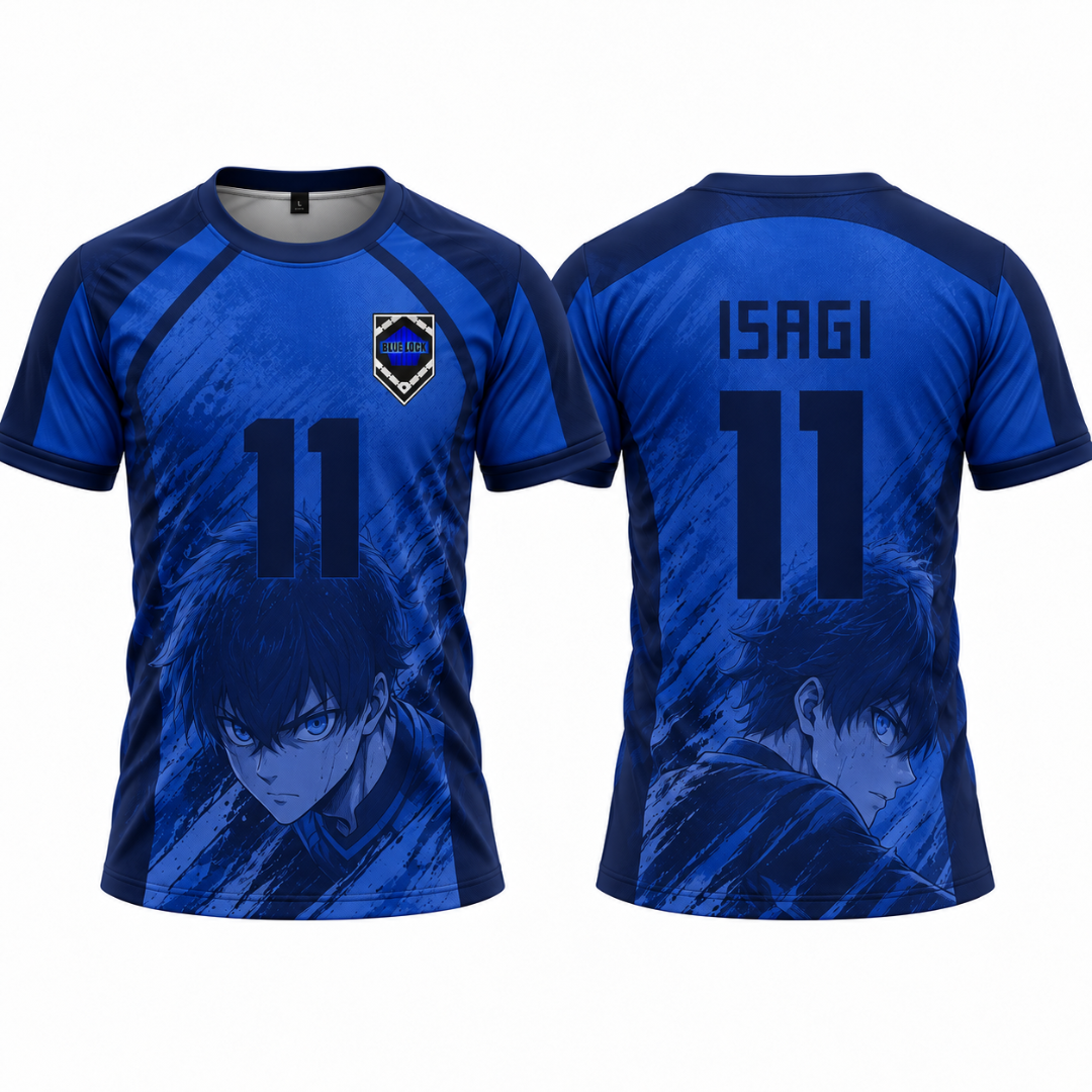 Front and back views of a Varldens blue short-sleeve soccer jersey featuring anime character graphics, the number 11, and the name ISAGI on the back. Blue lock jersey with Isagi pattern.