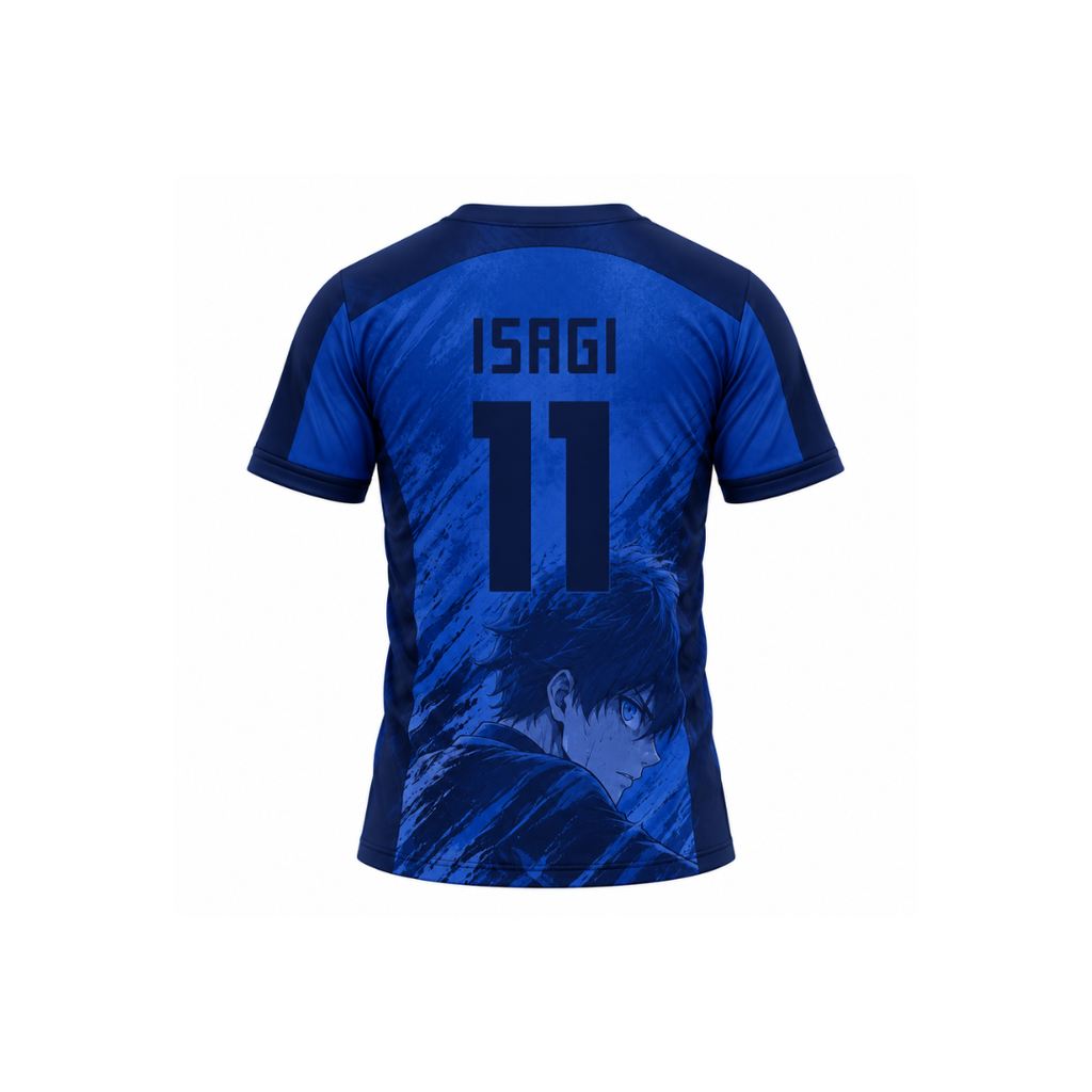 A Varldens blue short-sleeve athletic jersey shown from the back, featuring the name 'ISAGI' and number '11' in dark navy, with a blue anime-style graphic near the lower back. Blue lock with Isagi pattern.