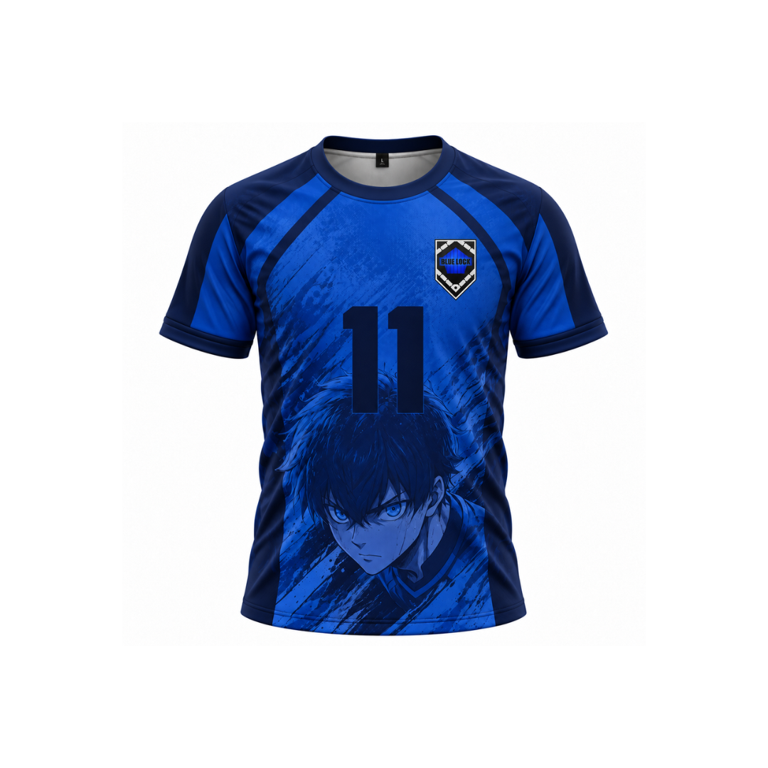 A Varldens short-sleeve athletic soccer jersey in shades of blue, featuring a dark blue anime character graphic on the front, the number 11, and a crest logo on the chest. Blue lock jersey with Isagi pattern.