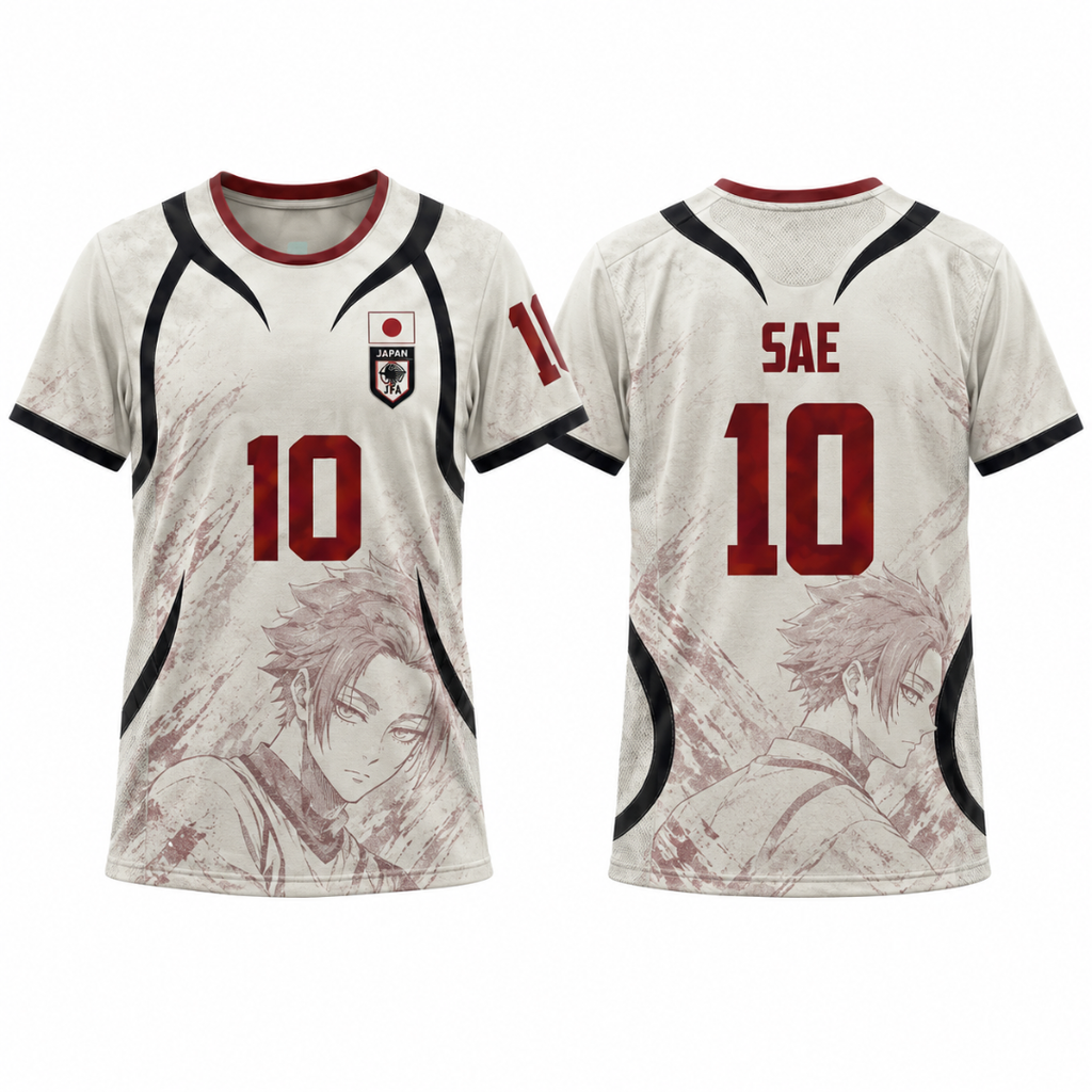 A red short-sleeve soccer jersey with a dark navy collar and sleeve cuffs, featuring the number 10 on the right chest and a crest on the left chest. The jersey has a subtle tonal pattern and is displayed against a solid white background. Varldens Japan Blue Lock Sae Itoshi Heritage Jersey featuring anime number 10 and JFA crest.