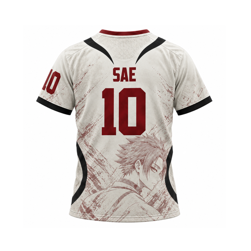 A short-sleeve athletic jersey shown from the back, featuring the name 'SAE' and number '10' in dark red, with a distressed anime-style character graphic in muted red-brown tones and black side panels. Varldens Japan Blue Lock Sae Itoshi Heritage Jersey featuring anime number 10 and JFA crest.