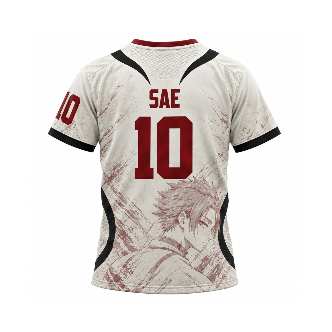 A short-sleeve athletic jersey shown from the back, featuring the name 'SAE' and number '10' in dark red, with a distressed anime-style character graphic in muted red-brown tones and black side panels. Varldens Japan Blue Lock Sae Itoshi Heritage Jersey featuring anime number 10 and JFA crest.