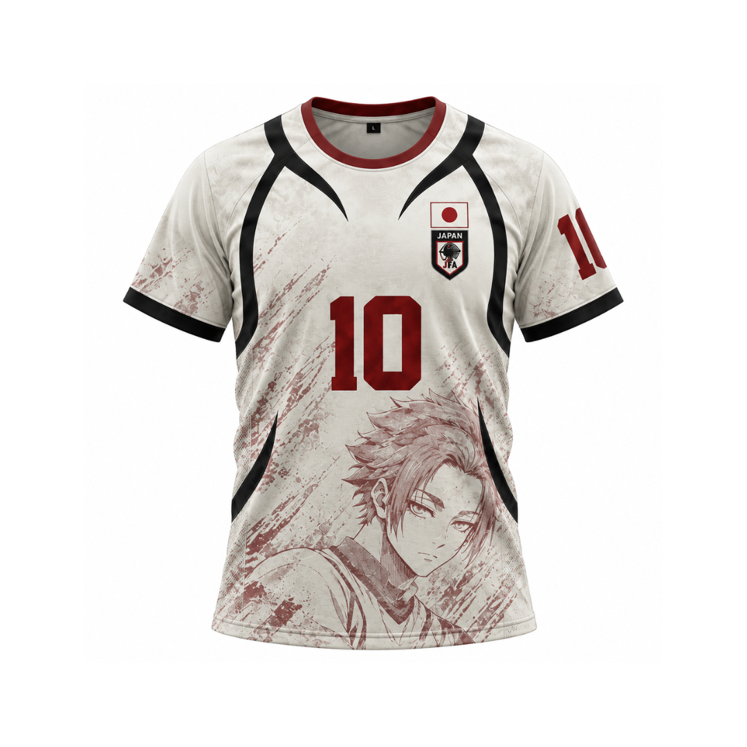 A short-sleeve soccer jersey with a distressed off-white background, featuring a red number 10 on the front, a Japanese flag crest with 'JFA' text, a team crest, and an anime character illustration near the hem. Varldens Japan Blue Lock Sae Itoshi Heritage Jersey featuring anime number 10 and JFA crest.
