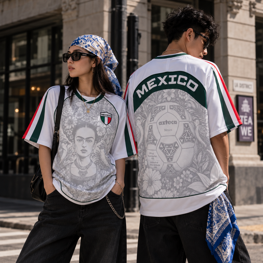 Varldens Mexico Frida Kahlo Aztec Heritage 2027 Away White Jersey featuring Azteca ball graphics and street style.