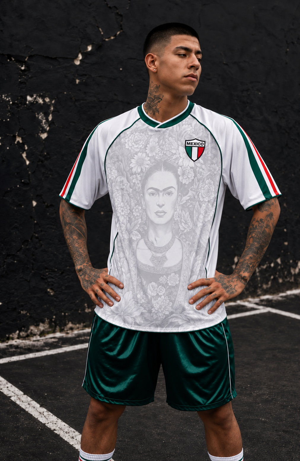 Varldens Mexico Frida Kahlo Aztec Heritage 2027 Away White Jersey featuring Azteca ball graphics and street style.