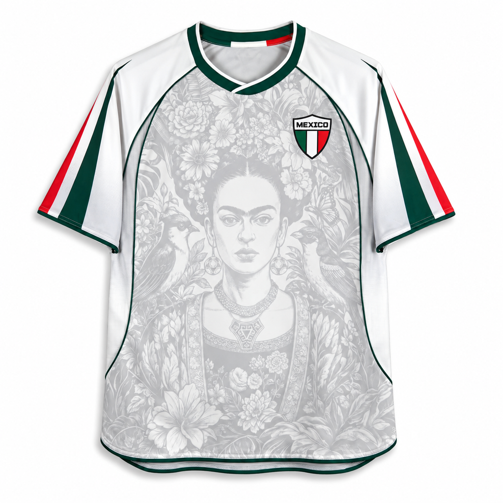 Varldens Mexico Frida Kahlo Aztec Heritage 2027 Away White Jersey featuring Azteca ball graphics and street style.