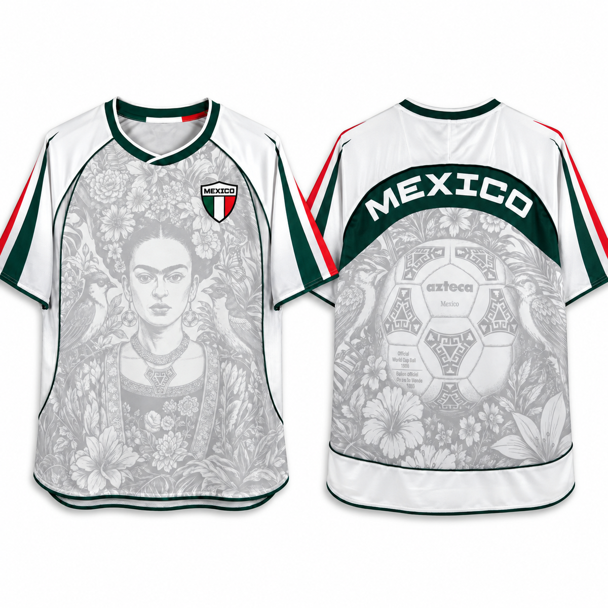 Varldens Mexico Frida Kahlo Aztec Heritage 2027 Away White Jersey featuring Azteca ball graphics and street style.